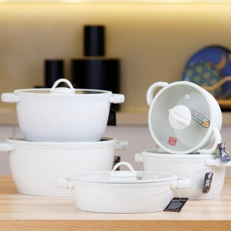 طقم طناجر مع غطاء جرانيت ثقيل ابيض 10 قطع ( 5 طناجر مع 5 غطاء ) مقاسات 20-24-28-32 + مقلى 28 سم